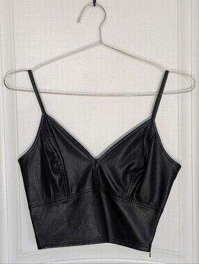 "Aqua"  Black Faux Leather Strap Crop Top XS